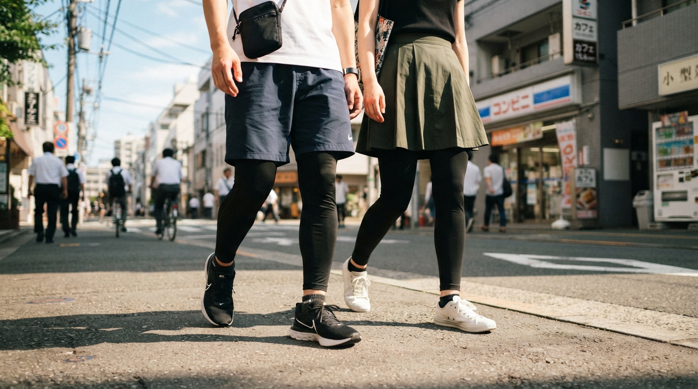 夏の街を歩く男女がスポーツ用の黒い冷感レギンスを着用している様子