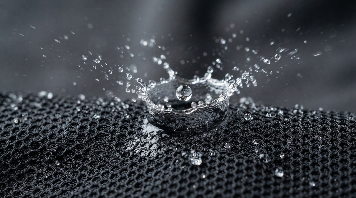 黒い冷感タイツの生地に水滴が落ちる瞬間を捉えたクローズアップ