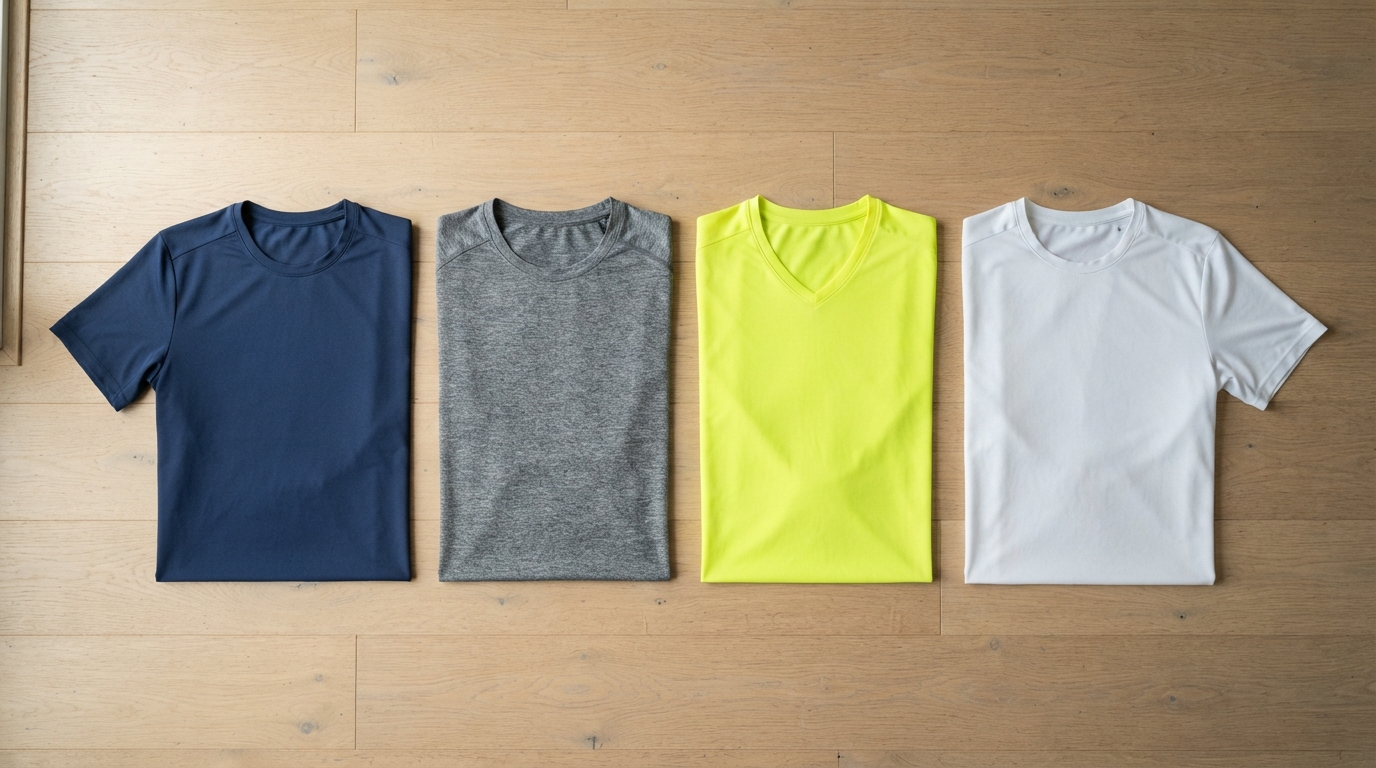 ランニングTシャツ数枚をブランド別に床に並べたフラットレイ写真