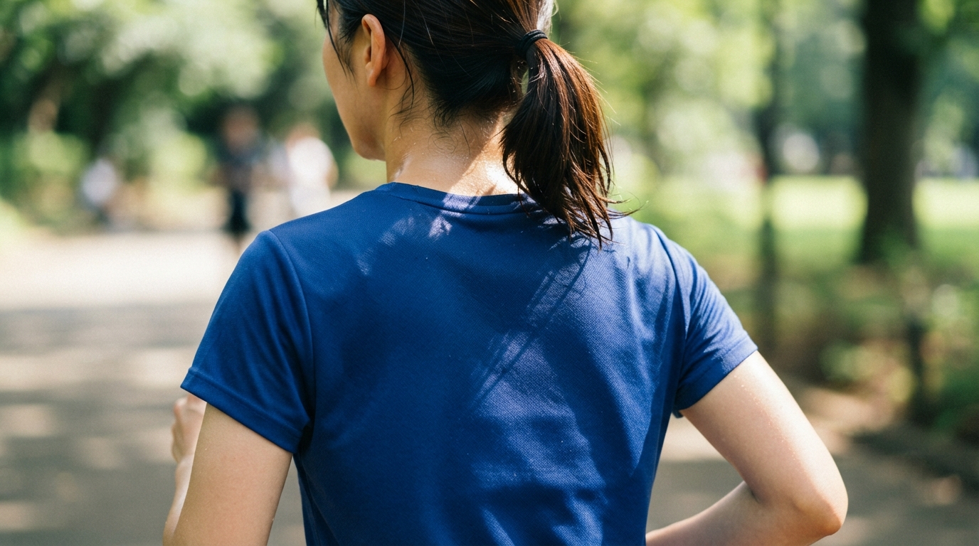 夏の直射日光の下、汗をかきながら走る女性ランナーの上半身アップ
