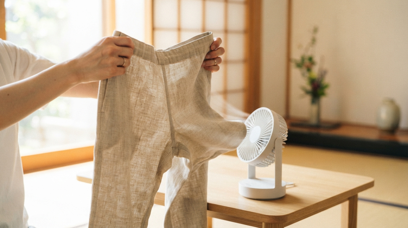 パンツの股下部分に扇風機の風を当てて通気性を確かめている手元