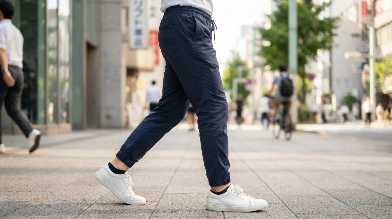 ジョガーパンツを履いて夏の街を歩く会社員の脚元を横から捉えたカット