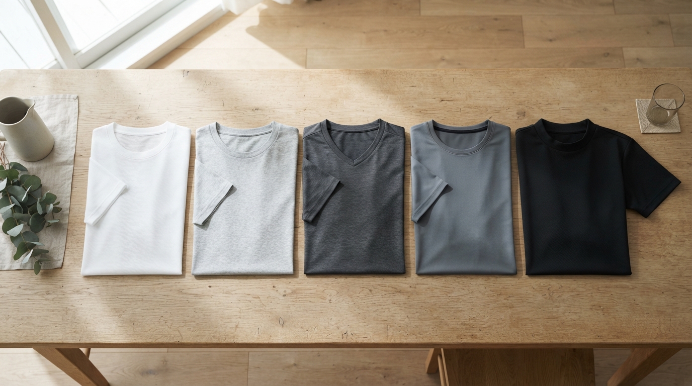 白・黒・グレーの冷感Tシャツ5枚を木製テーブルに並べたフラットレイ