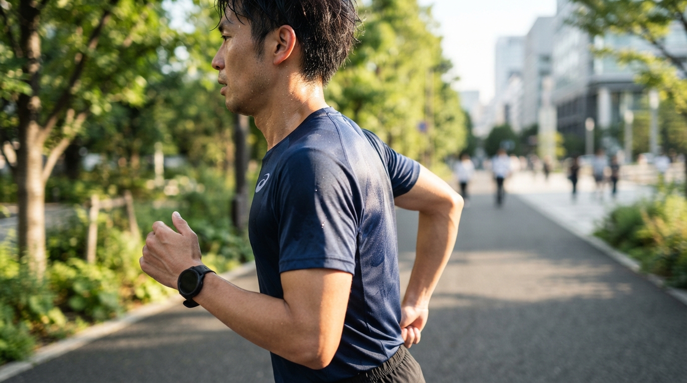 汗をかいた状態で冷感Tシャツを着てランニングする男性の横顔