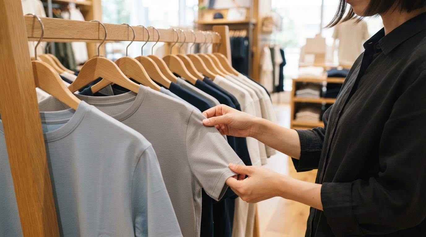 店頭の棚に並ぶ各社の冷感Tシャツを手に取って生地を確かめる人の手元