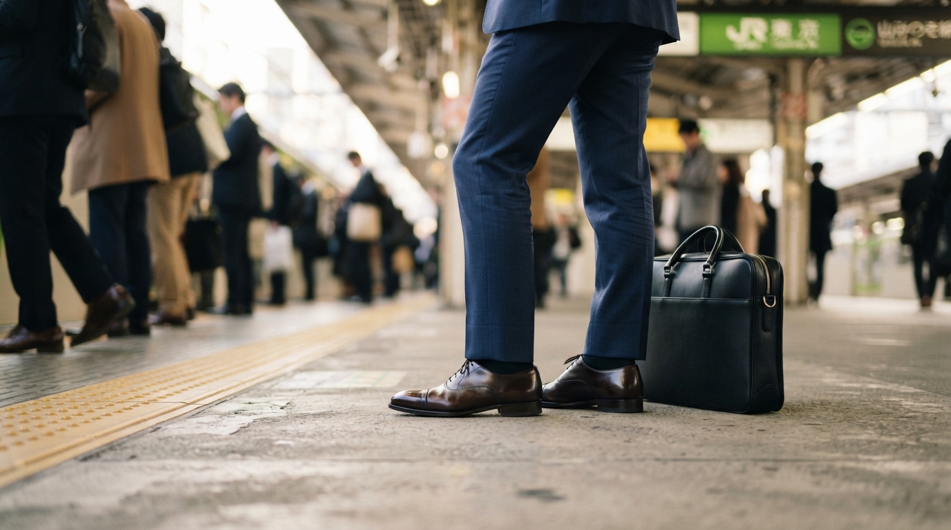 通勤カバンを持ちホームで電車を待つ男性の脚元