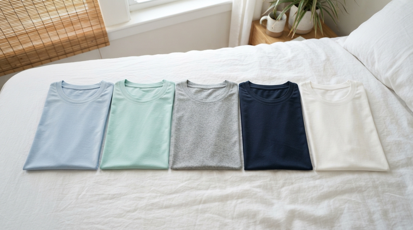 色違いの冷感Tシャツ5枚をベッドの上に並べたフラットレイ