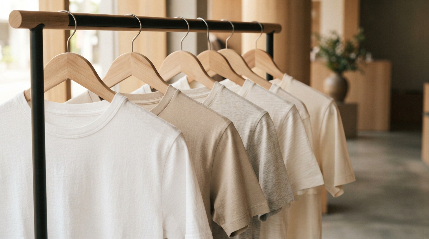 異なるブランドのタグが付いた半袖Tシャツをハンガーに並べて掛けた店頭風景