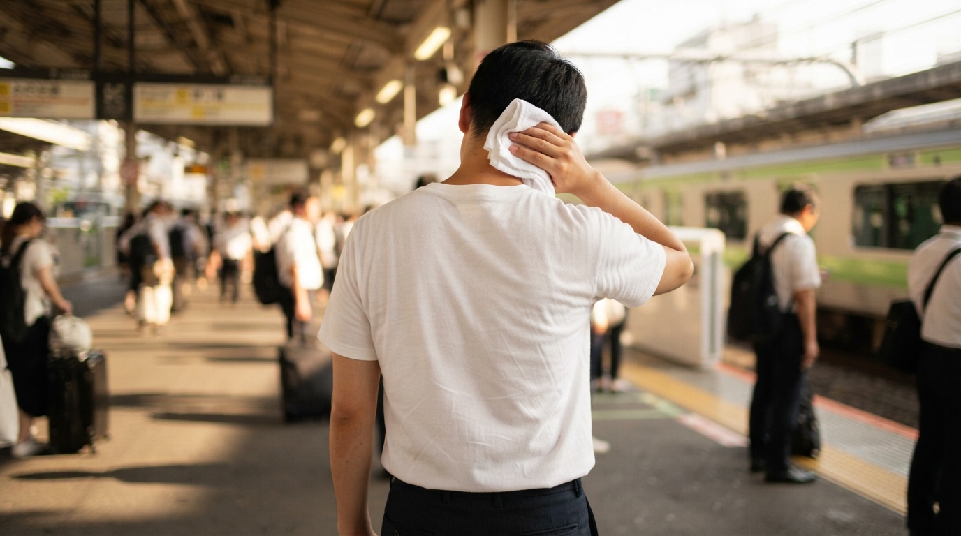 駅のホームで半袖シャツ姿の男性がハンカチで汗を拭う様子