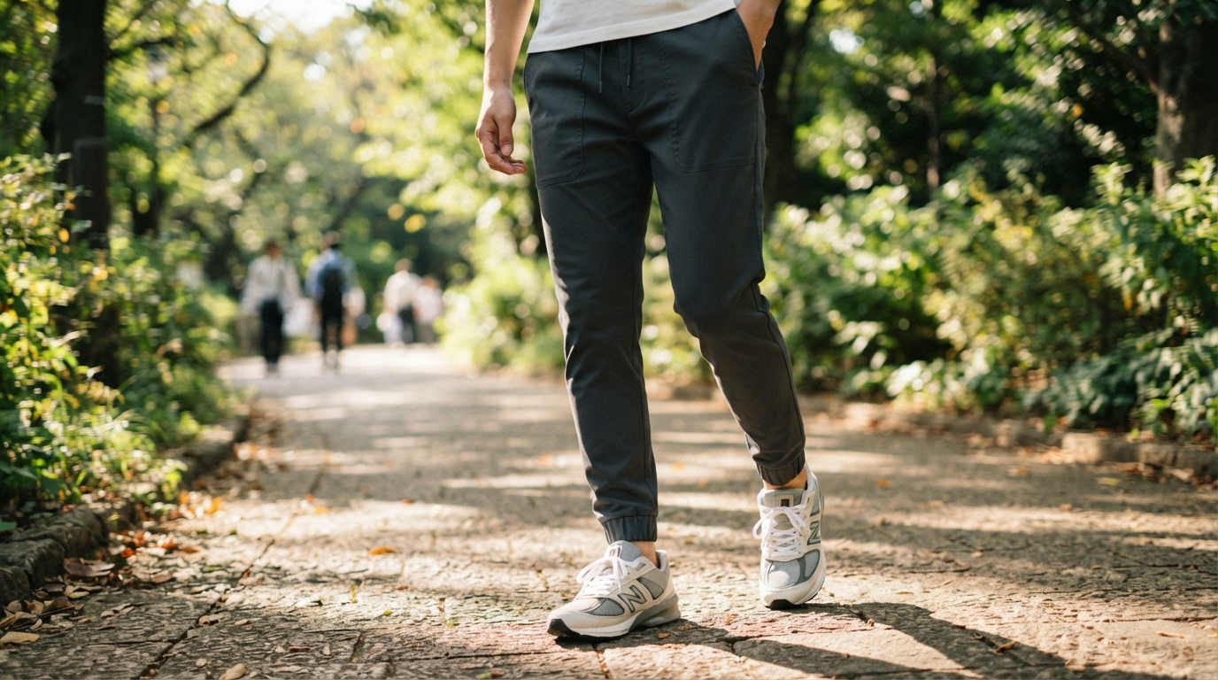 公園でジョガーパンツとスニーカーを合わせて歩く男性の全身