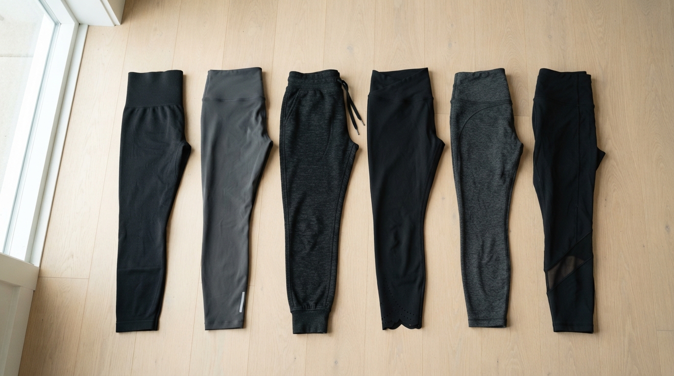 異なるブランドの黒とグレーの夏用レギンス6本を並べて床に広げたフラットレイ
