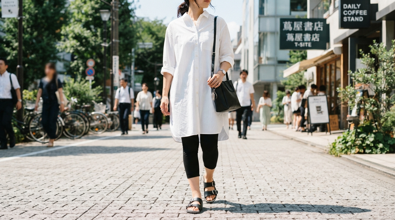 白のシャツワンピースに黒の7分丈レギンスを合わせた女性の全身スナップ