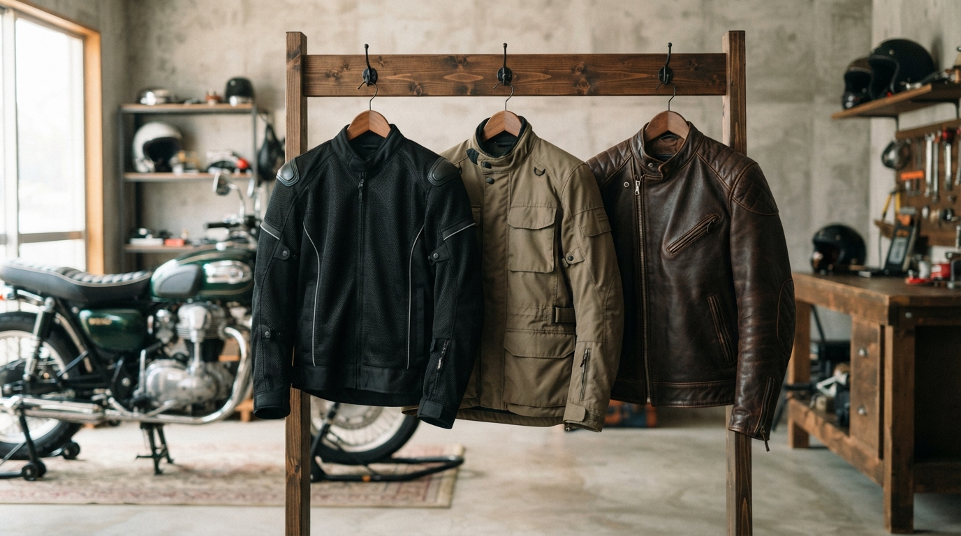 ガレージに並べられたメッシュ・ナイロン・レザーのバイク用ジャケット3着