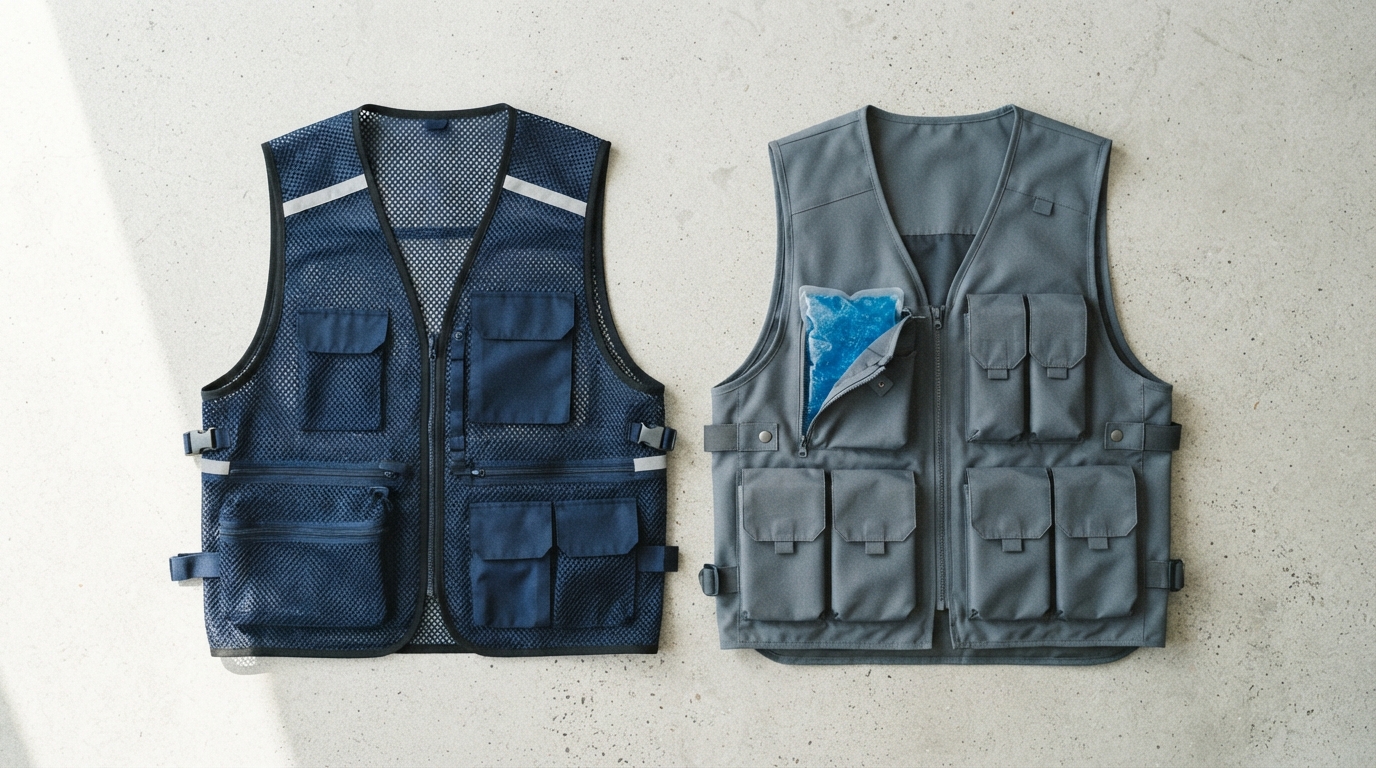メッシュ作業ベストと保冷剤入りベストを並べて比較したフラットレイ
