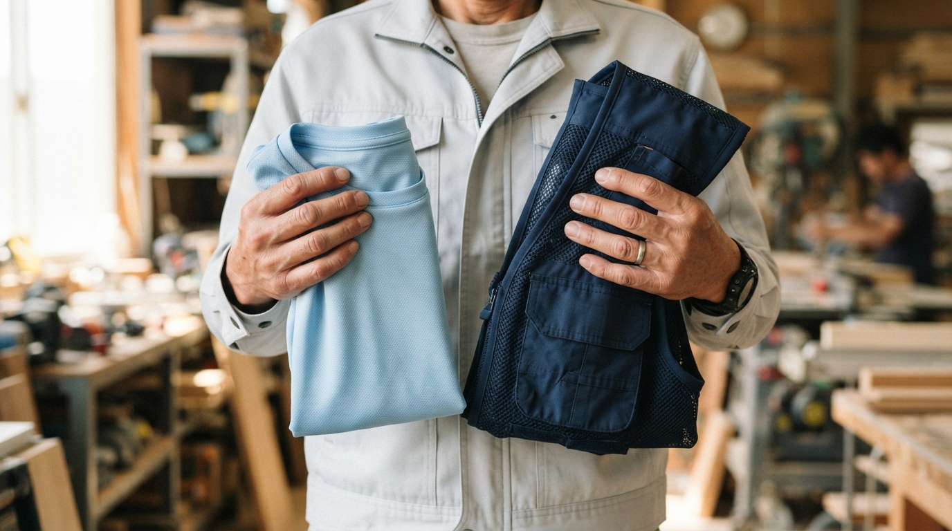 作業服の下に着る冷感インナーとベストを手に持つ作業員の手元