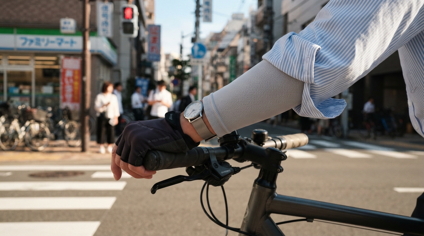 自転車通勤で信号待ちする男性の袖から覗く冷感インナーの袖口