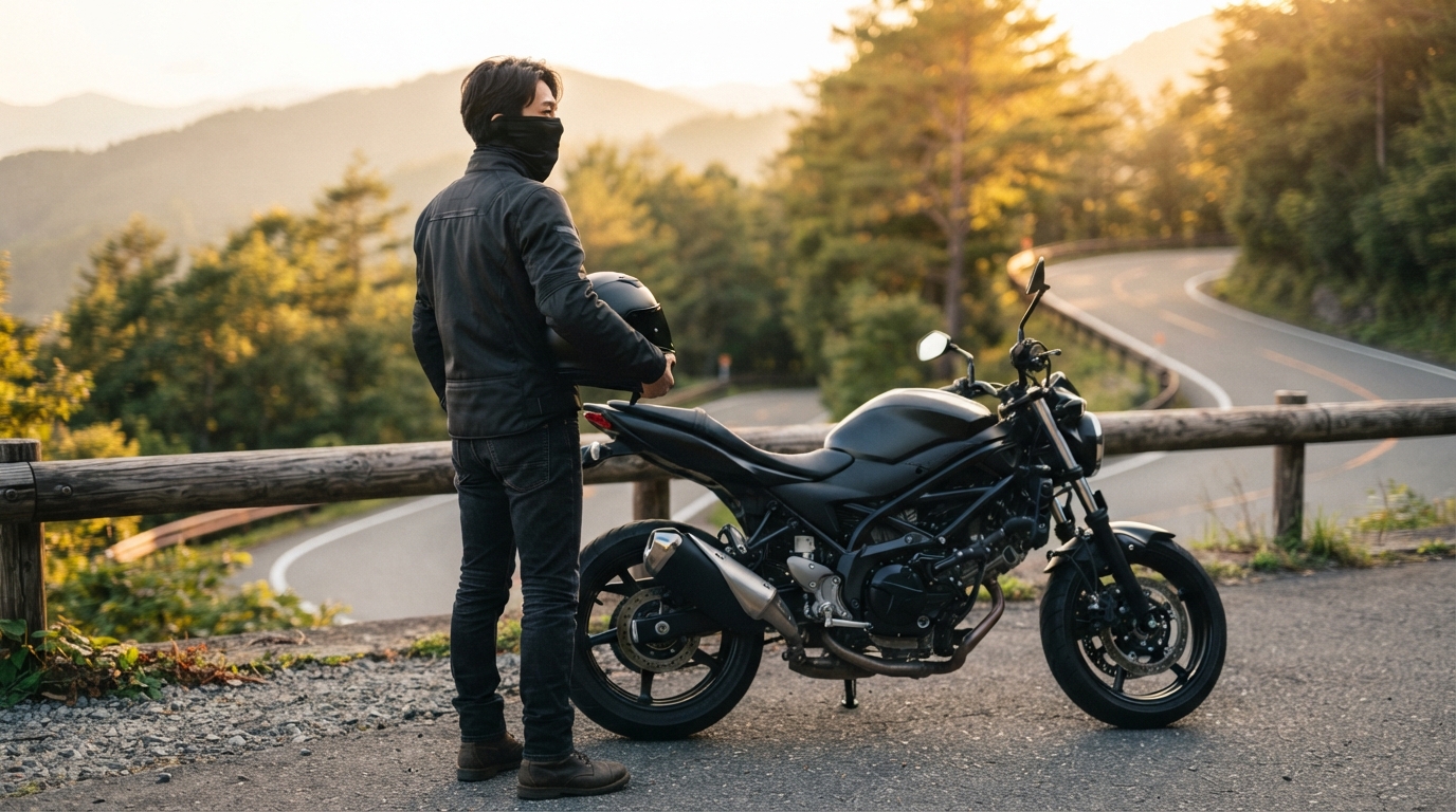 ヘルメットを外したライダーが黒いフェイスカバーを装着してバイクの横に立っている屋外の写真