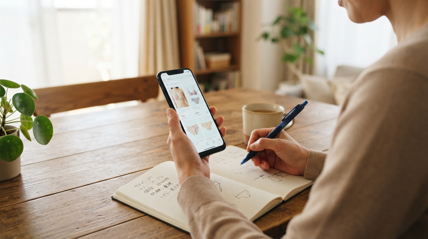 スマートフォンで下着の通販ページを見ながらメモを取る母親の手元