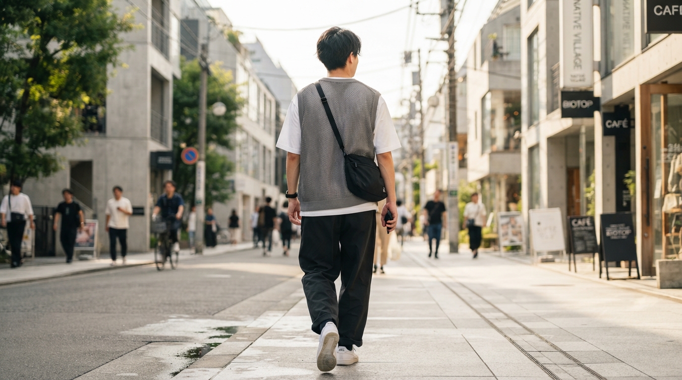 夏の街中でグレーのメッシュベストを着て歩く男性の後ろ姿