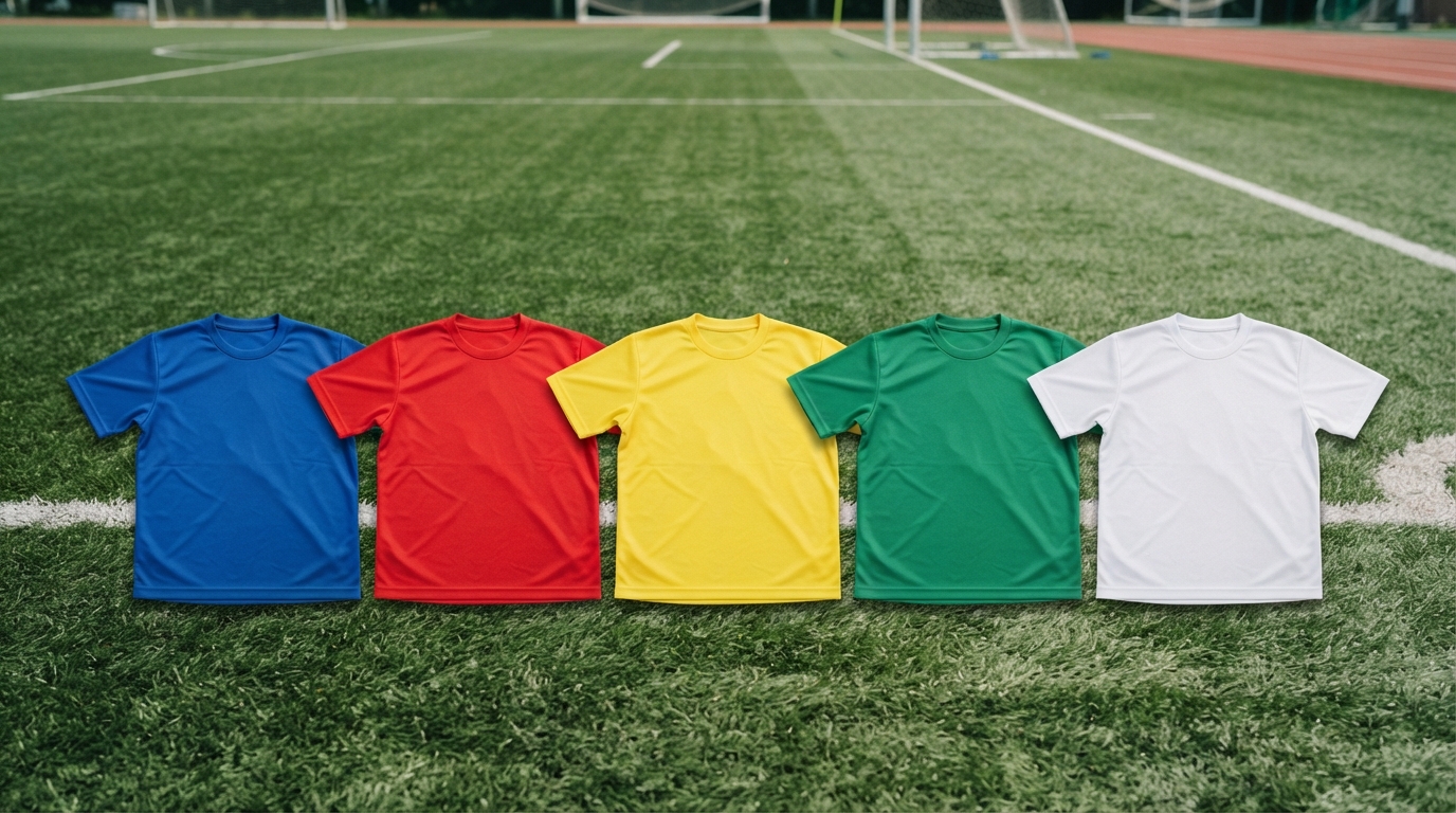 人工芝のグラウンドに並べられた色違いのサッカープラクティスシャツ5枚