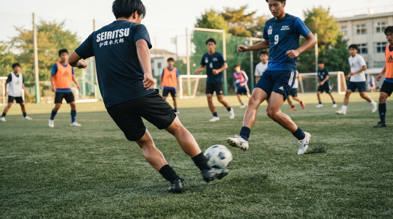 プラクティスシャツを着てパス練習をする高校生サッカー部員たち