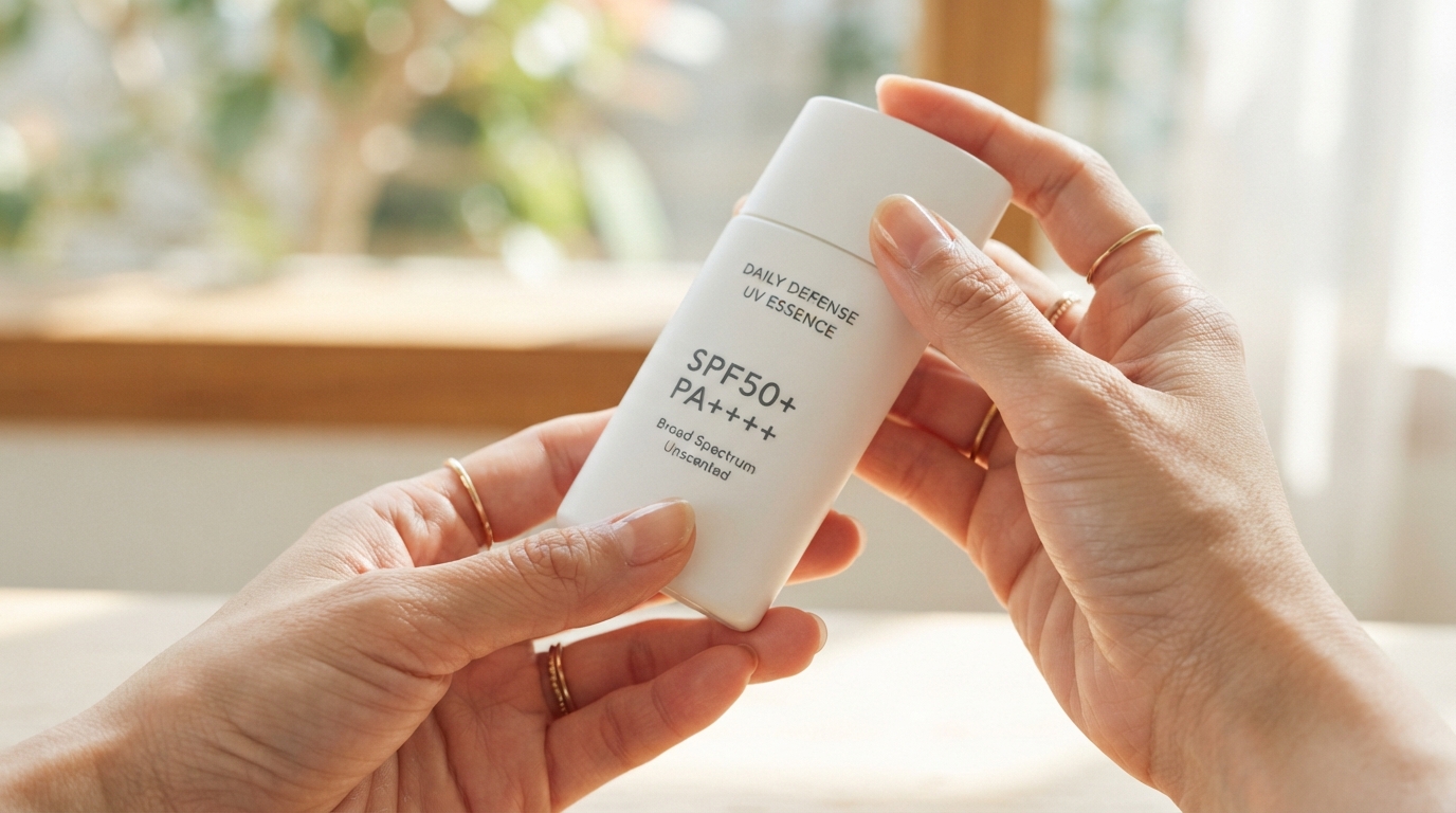 SPF50+PA++++と表記された日焼け止めのパッケージを確認する手元のクローズアップ