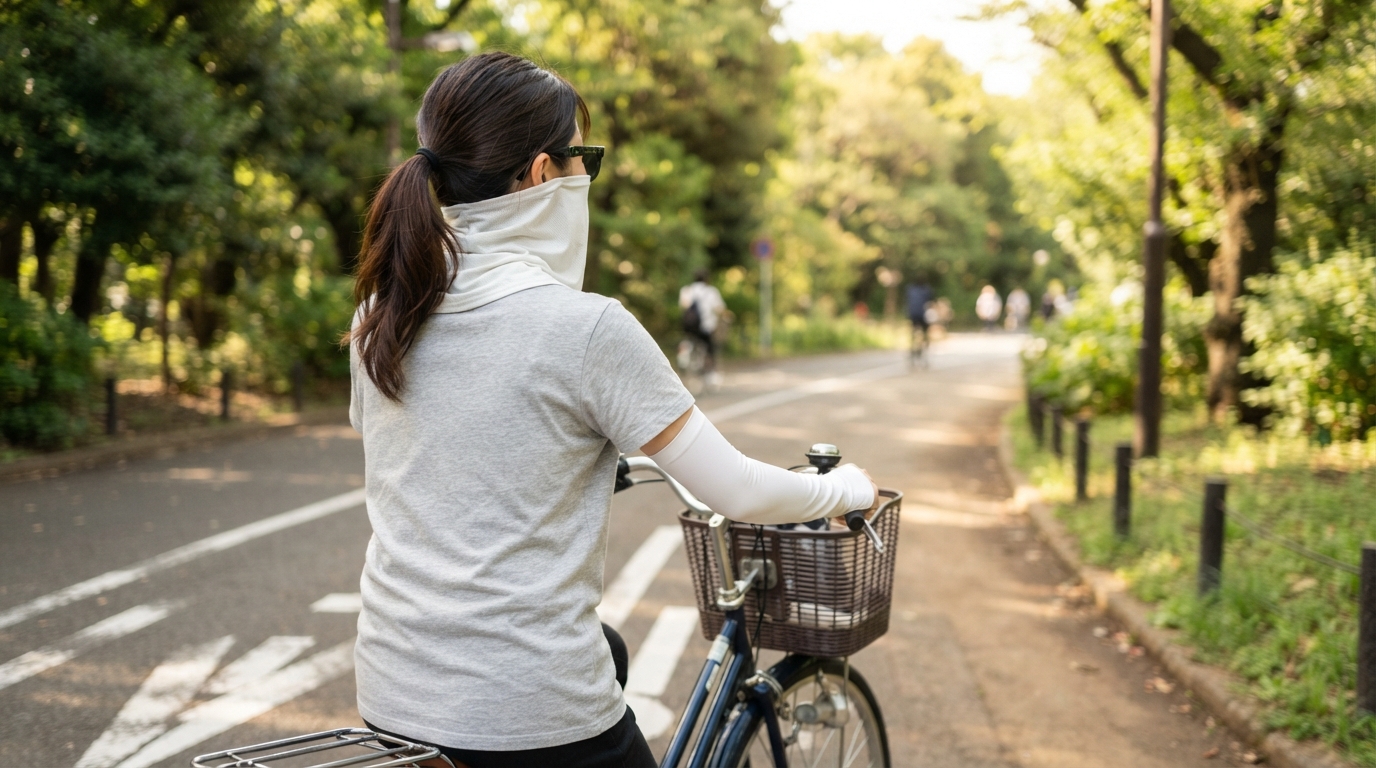 白いアームカバーとネックゲーターを着用して自転車に乗る女性の屋外カット