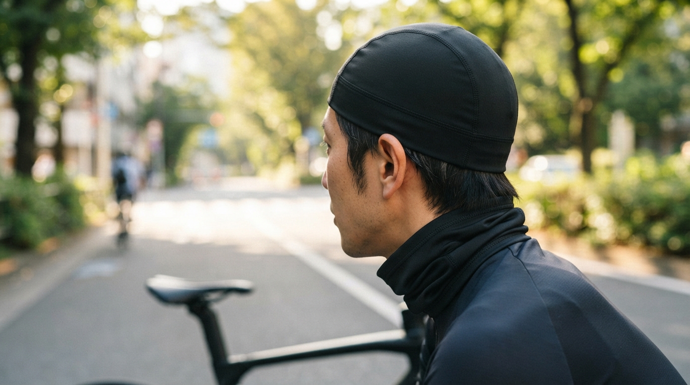 黒いキャップとネックゲーターを着用して自転車に乗る男性の横顔