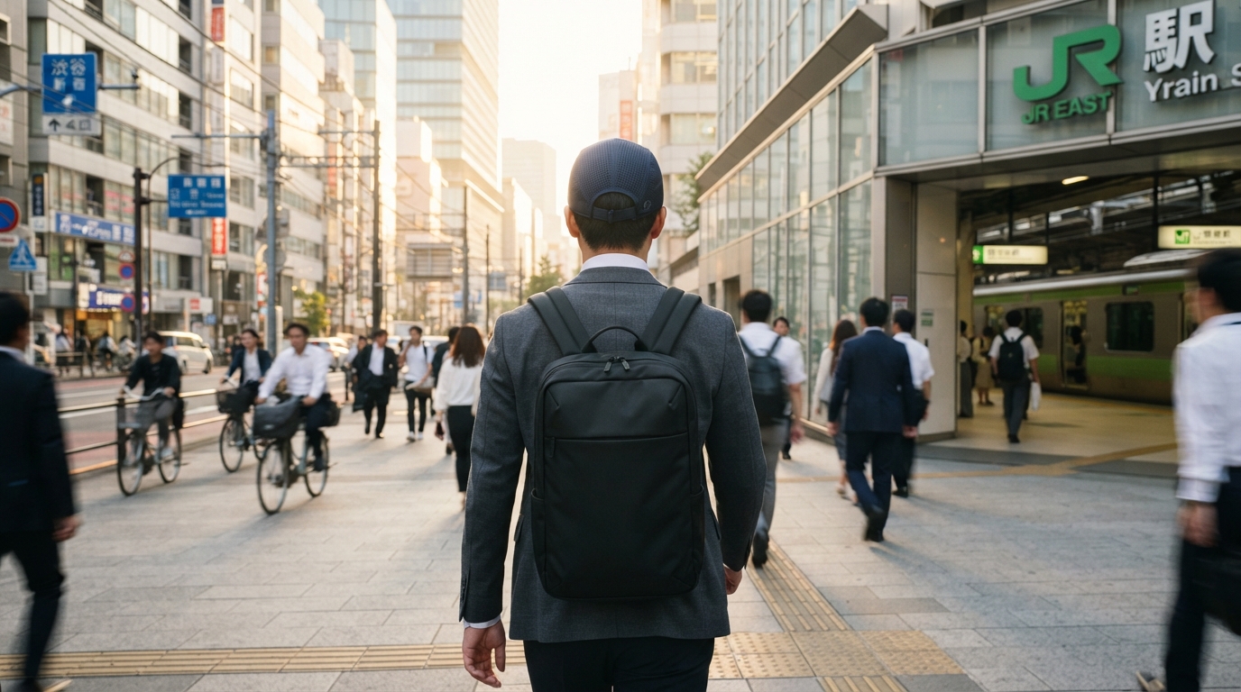駅前を歩く通勤中の会社員がキャップをかぶっている後ろ姿
