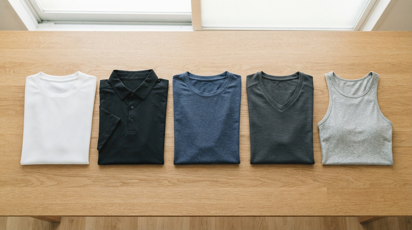 異なるブランドの冷感シャツ5枚を白・黒・ネイビー別に並べたフラットレイ