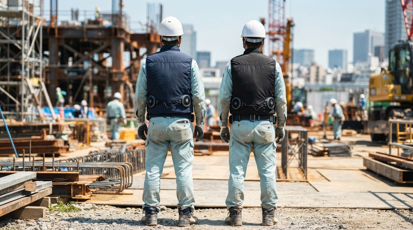 建設現場で冷却ベストを作業服の上に着用した作業員2名の後ろ姿