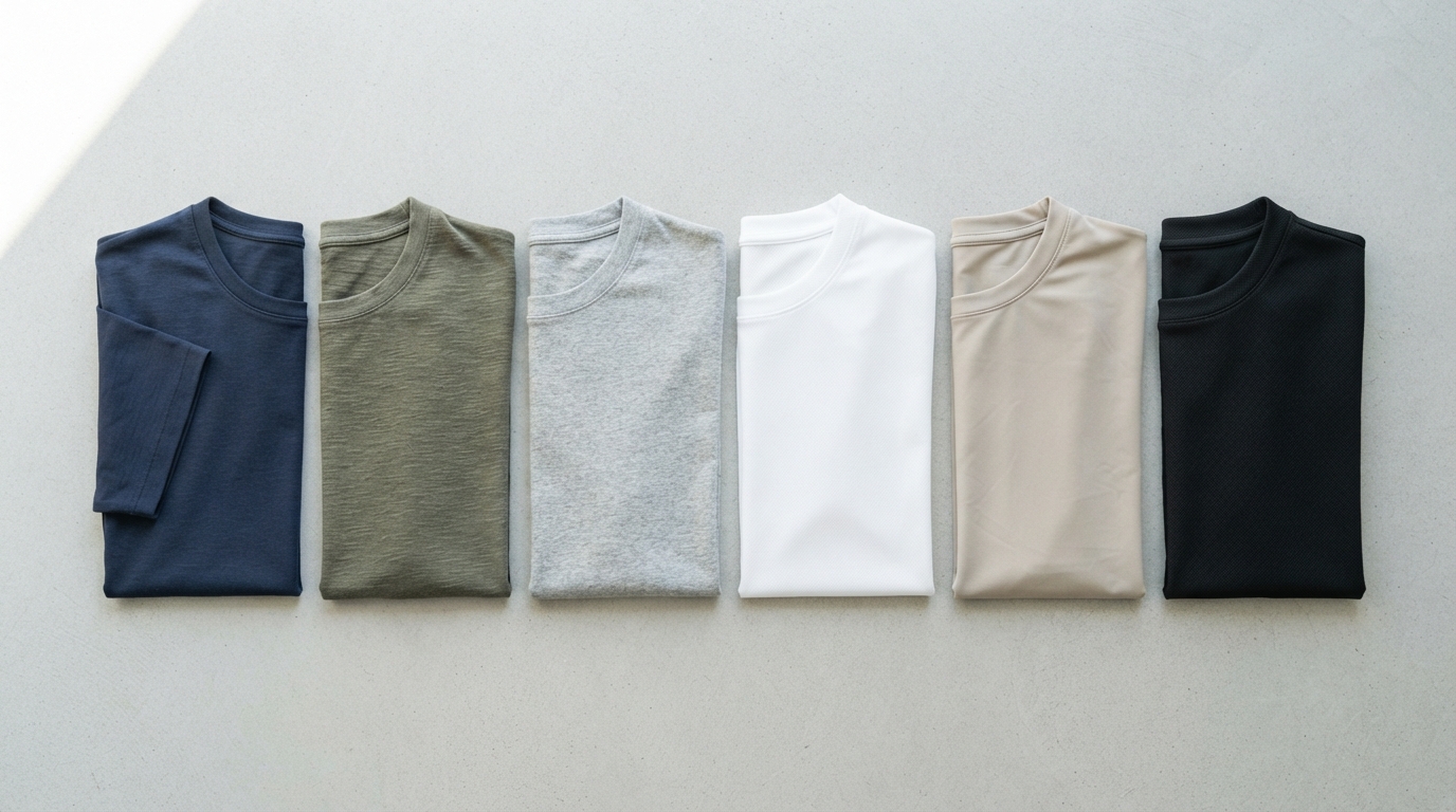 異なるブランドの吸汗速乾Tシャツ6枚を色別に並べたフラットレイ