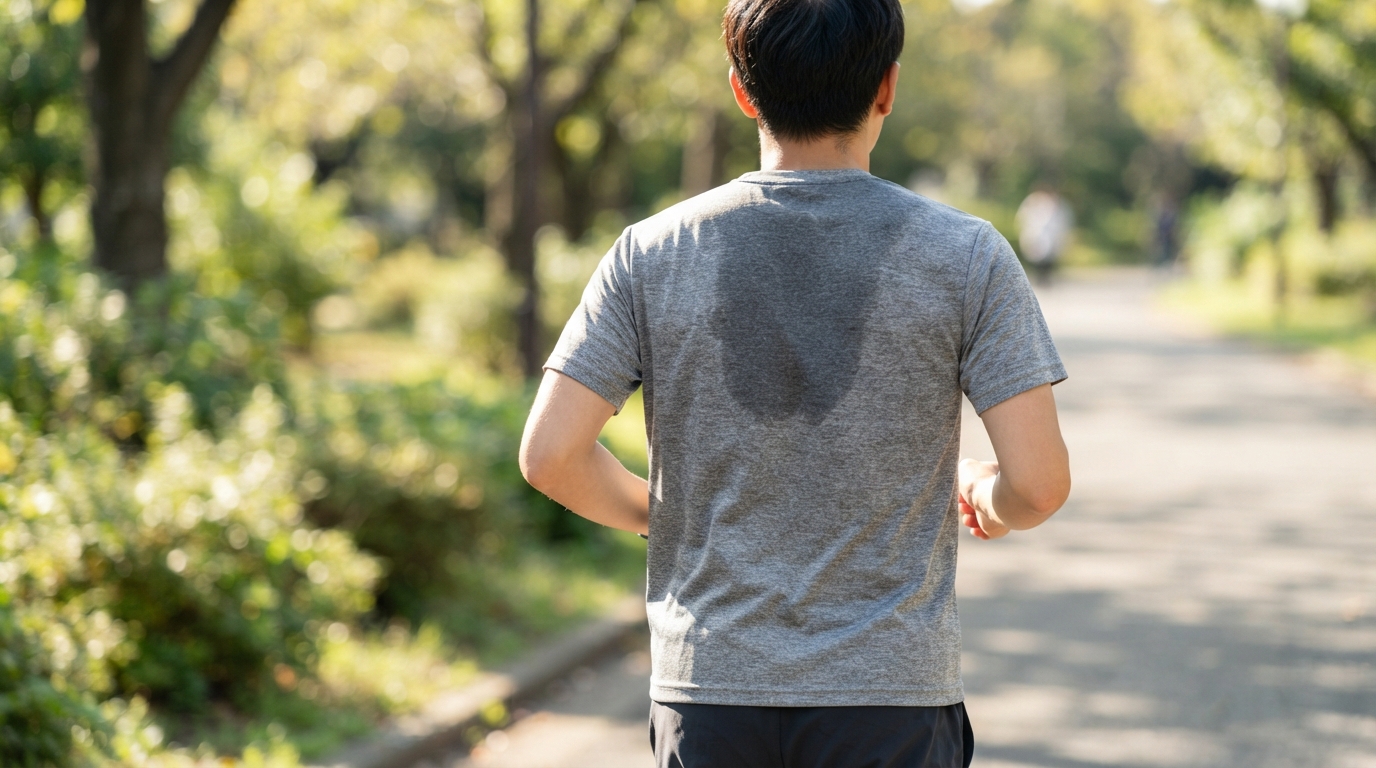 ランニング中に速乾Tシャツを着た男性の背中に汗のシミが広がる様子