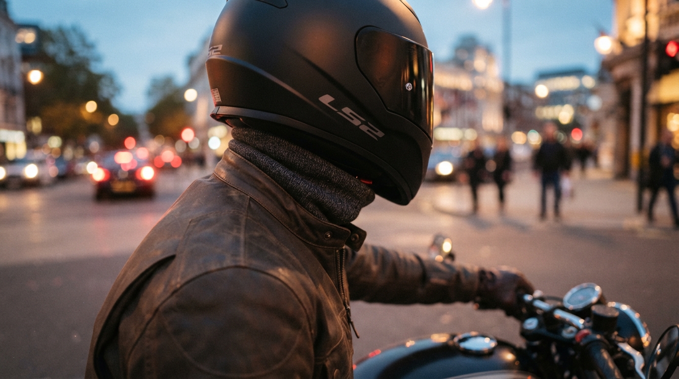 ヘルメットとネックゲイターを着用してバイクにまたがるライダーの首元アップ