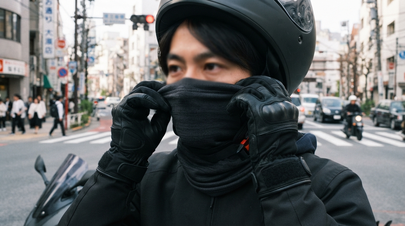 信号待ちのバイクでネックゲイターを鼻まで引き上げるライダーの手元