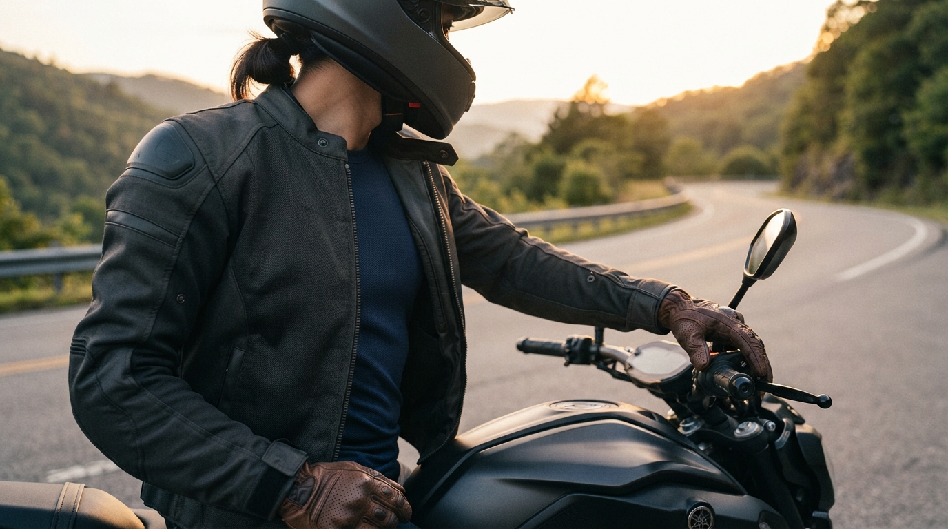 ライディングジャケットの下に長袖インナーを着たライダーがバイクにまたがる様子
