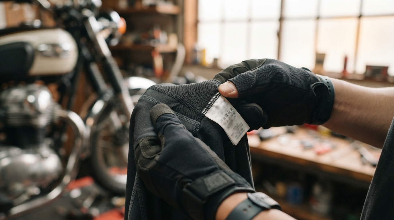 バイク用インナーのタグと素材表示を手に取って確認するライダーの手元
