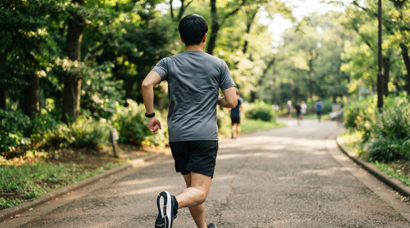 ランニング中に速乾Tシャツを着た男性が公園の遊歩道を走る様子