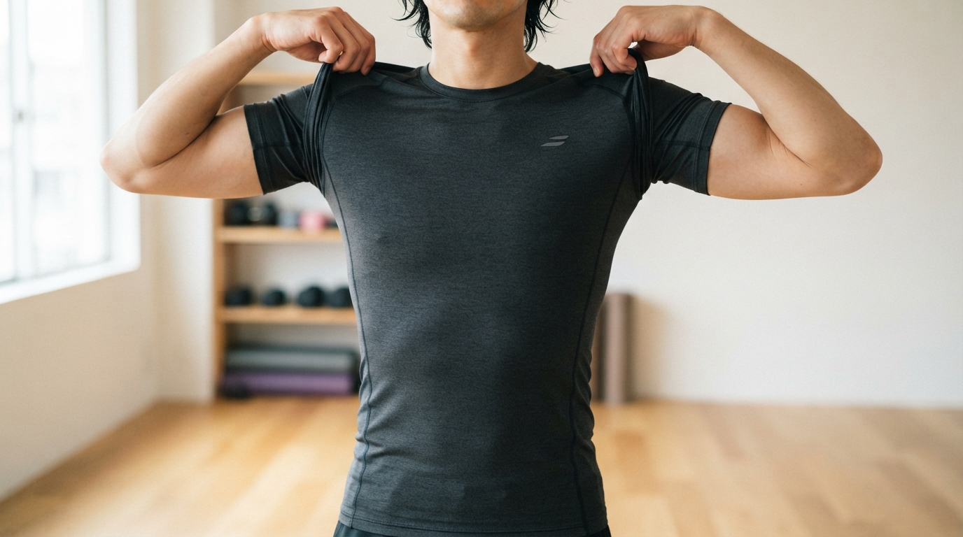 腕を頭上に上げてインナーの裾のずれを確認する男性の上半身