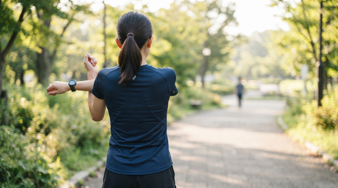 ランニング用の半袖インナーを着てストレッチをする女性ランナー