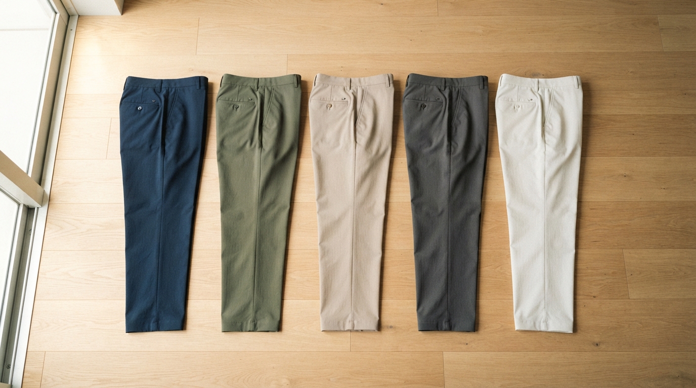 接触冷感素材の夏用パンツ5本をカラー別に床に並べたフラットレイ