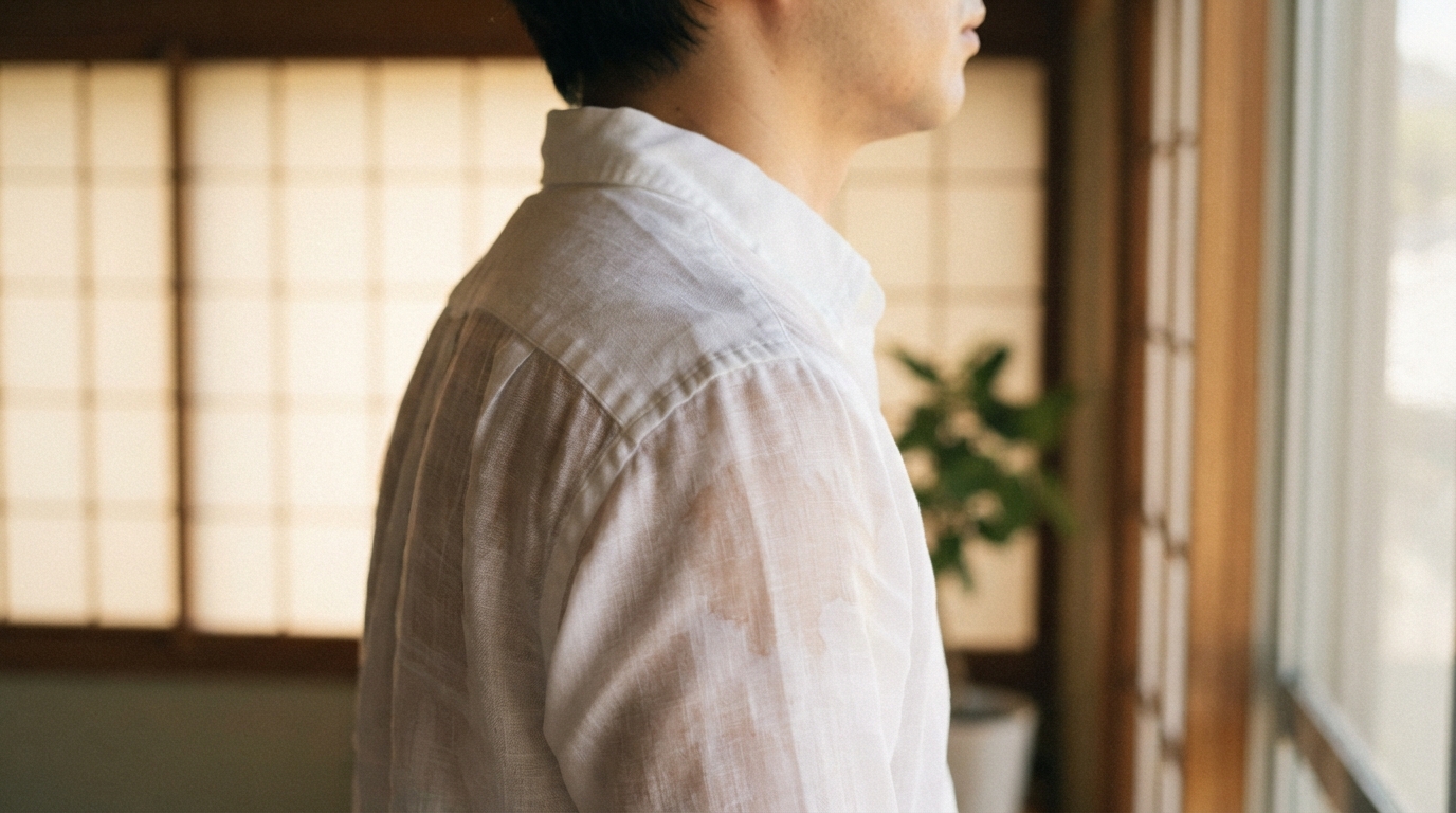 白いシャツの下に着たインナーが汗で肌に張り付いている様子を横から撮影