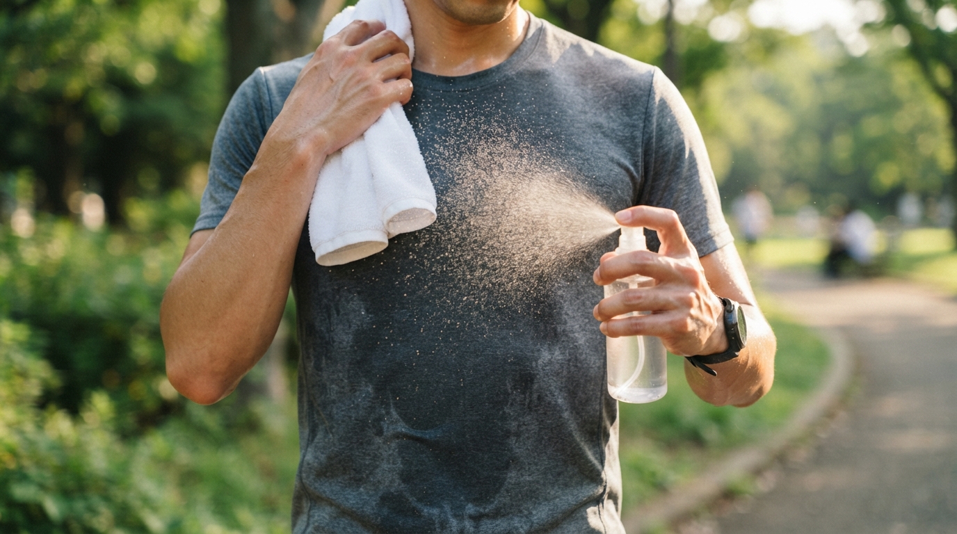 ランニング後にタオルで汗を拭きながら衣類用ミストをTシャツに噴霧する男性の上半身