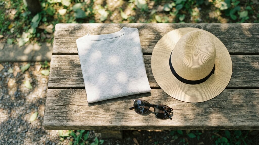 公園のベンチに長袖UVカットTシャツと帽子とサングラスを並べて置いた俯瞰写真