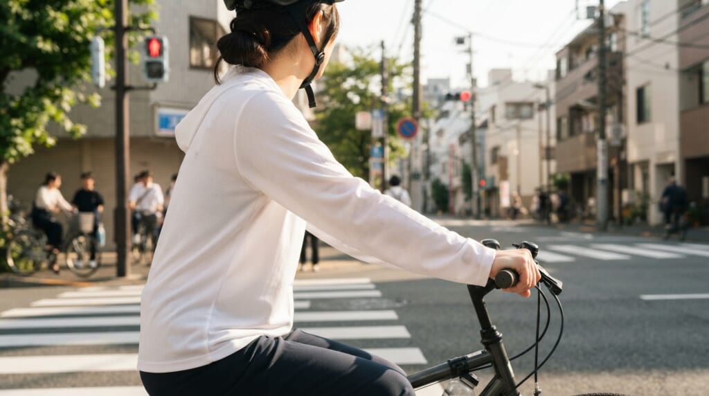自転車通勤する人が長袖のUVカットシャツを着て信号待ちしている横からの写真