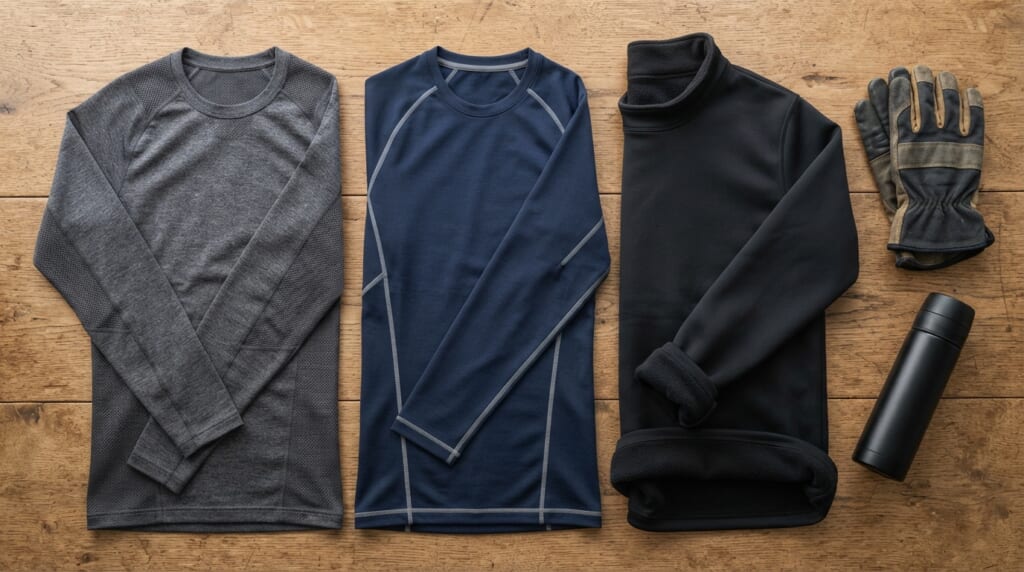 作業服の下に着る機能性インナーを3種類並べて比較したフラットレイ