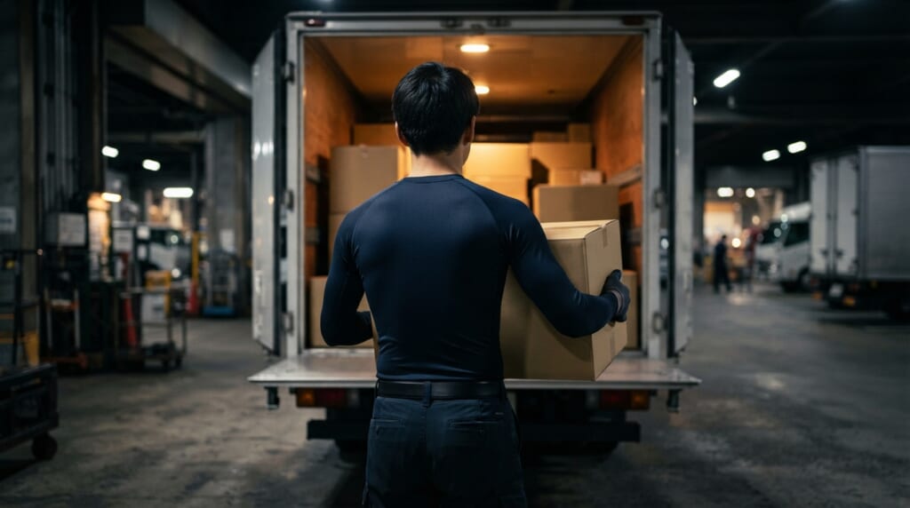倉庫の荷台前で長袖インナー姿の配送ドライバーが段ボールを抱える様子