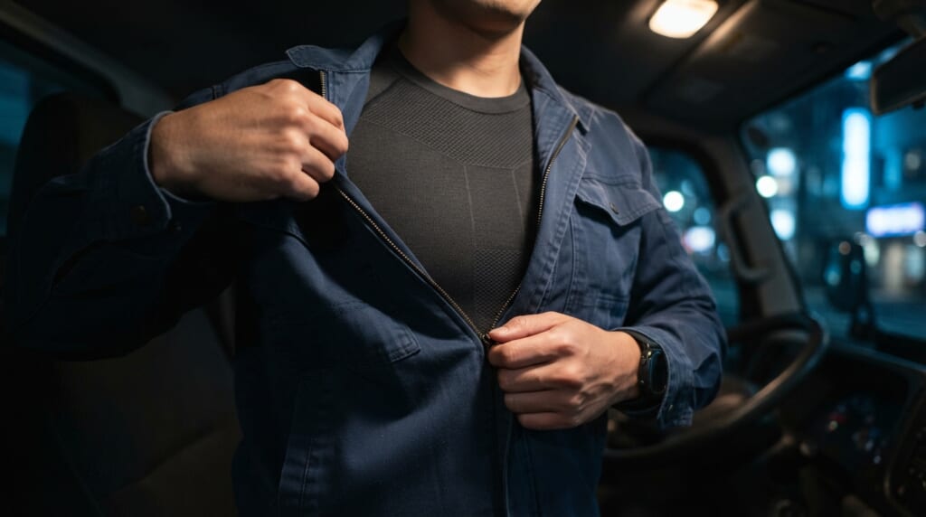 車内で作業服の上着を脱いでインナー姿になるドライバーの手元