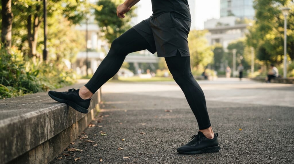 ランニング前にストレッチをする男性の脚元とコンプレッションタイツ