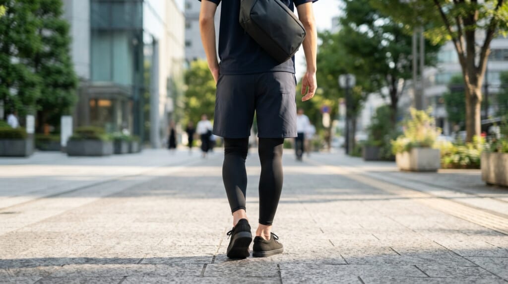 ハーフパンツの下にレギンスを重ねて履いた男性が街を歩く後ろ姿
